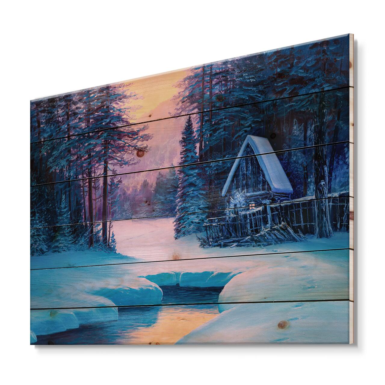 Designart - Winter Landscape & The River House In The Woods II - Lake House Print on Natural Pine Wood